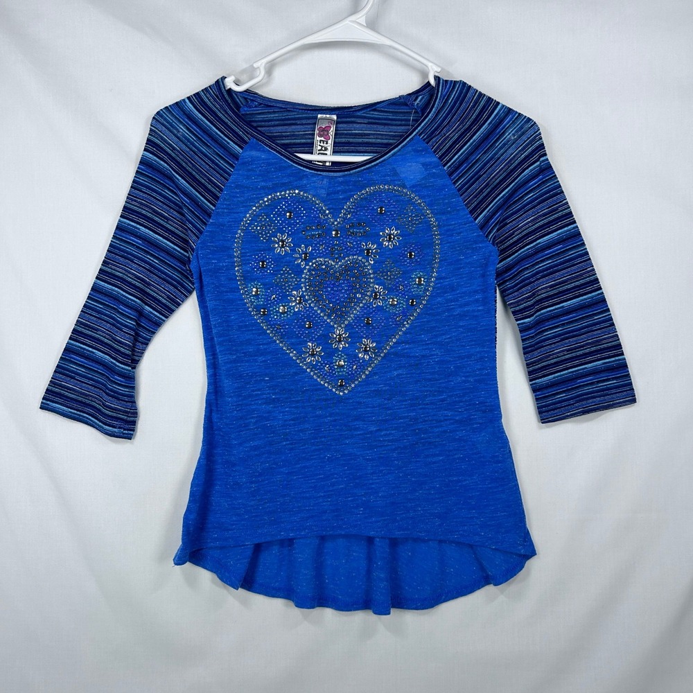 Beautees Royal Blue Rhinestone Heart Striped Raglan Top – Size Large